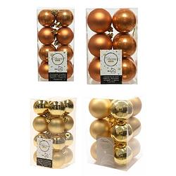 Foto van Kerstversiering kunststof kerstballen mix goud/ cognac bruin 4 en 6 cm pakket van 80x stuks - kerstbal