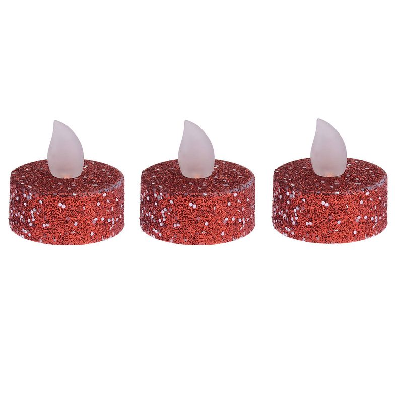 Foto van 12x stuks led theelichtjes/waxinelichtjes rood glitter - led kaarsen