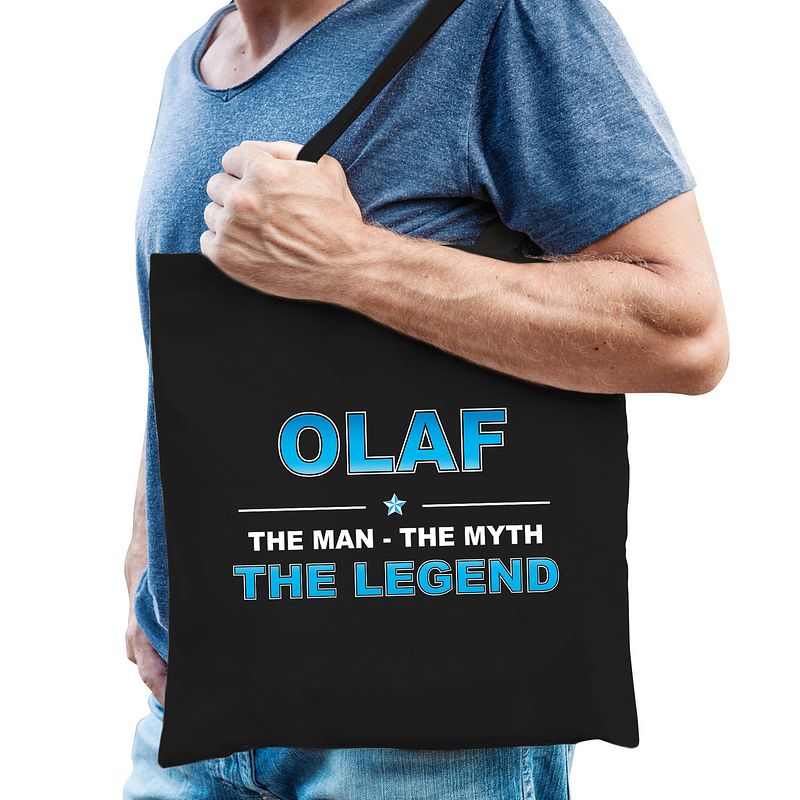 Foto van Naam olaf the man, the myth the legend tasje zwart - cadeau boodschappentasje - feest boodschappentassen