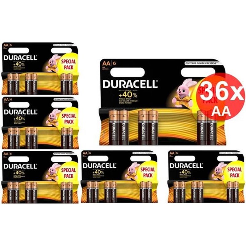 Foto van Duracell lr6 / aa / r6 / mn 1500 1.5v alkaline batterij - 36 stuks (6 blisters a 6st)