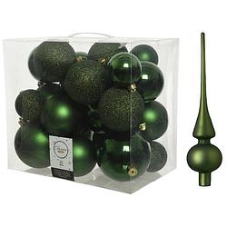 Foto van Kerstversiering kunststof kerstballen met piek donkergroen 6-8-10 cm pakket van 27x stuks - kerstbal