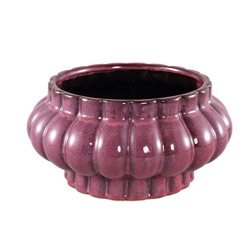 Foto van Ptmd sannee red ceramic pot ribbed wide middle low l