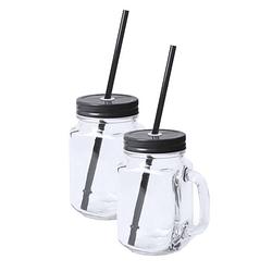 Foto van 10x stuks glazen mason jar drinkbekers zwarte dop/rietje 500 ml - drinkbekers