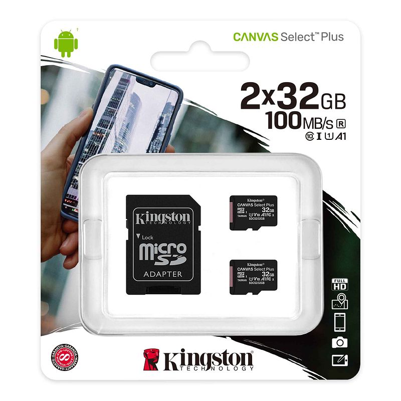 Foto van Kingston canvas select plus microsd 2x32 gb + adapter