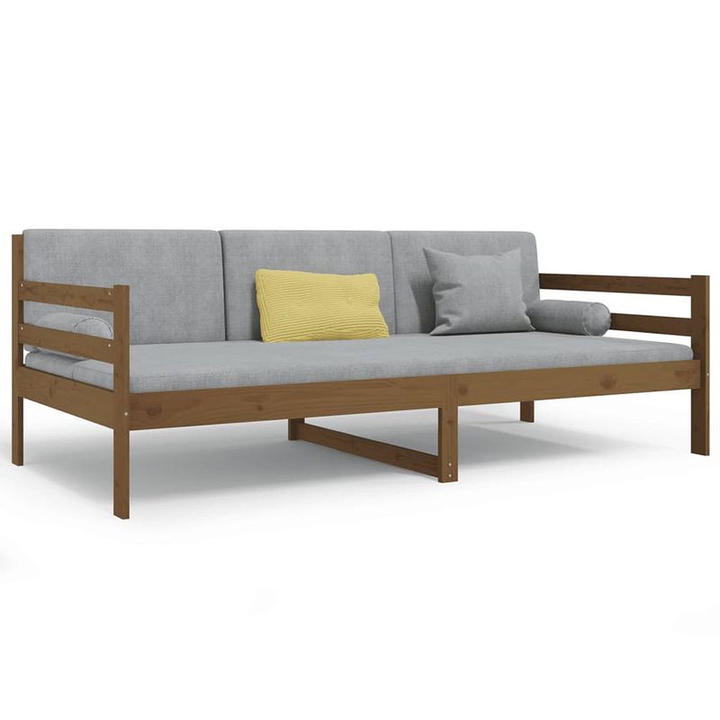 Foto van The living store logeerbed massief grenenhout 3-zijdig bedhek gelat design - 193.5 x 96 x 69.5 cm - honingbruin