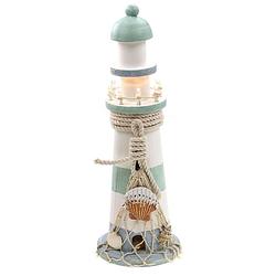 Foto van Vuurtoren beeldje met led licht - hout - 10 x 30 cm - wit/mintgroen - maritieme woon decoraties - beeldjes