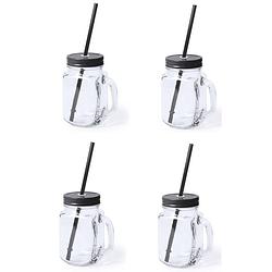 Foto van 4x stuks drink potjes van glas mason jar zwarte deksel 500 ml - drinkbekers