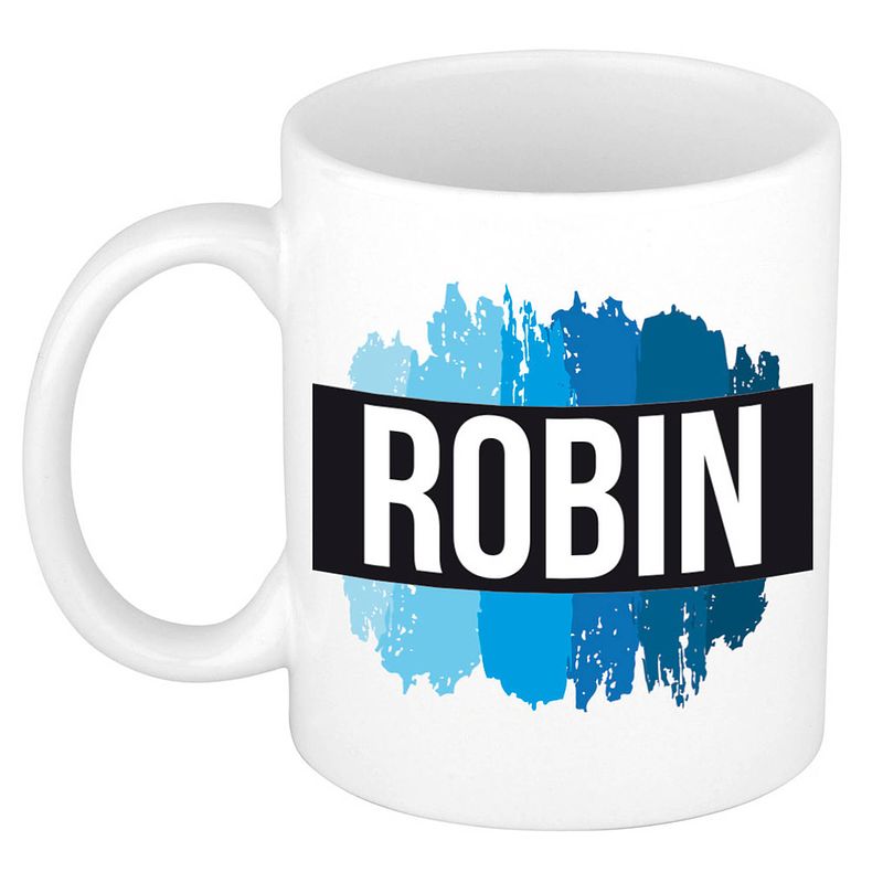 Foto van Naam cadeau mok / beker robin met blauwe verfstrepen 300 ml - naam mokken