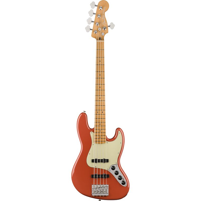 Foto van Fender player plus jazz bass v mn fiesta red 5-snarige elektrische basgitaar met gigbag