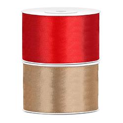 Foto van Set van 2 stuks sierlinten/cadeaulinten/satijnen linten goud en rood 38 mm x 25 meter - cadeaulinten