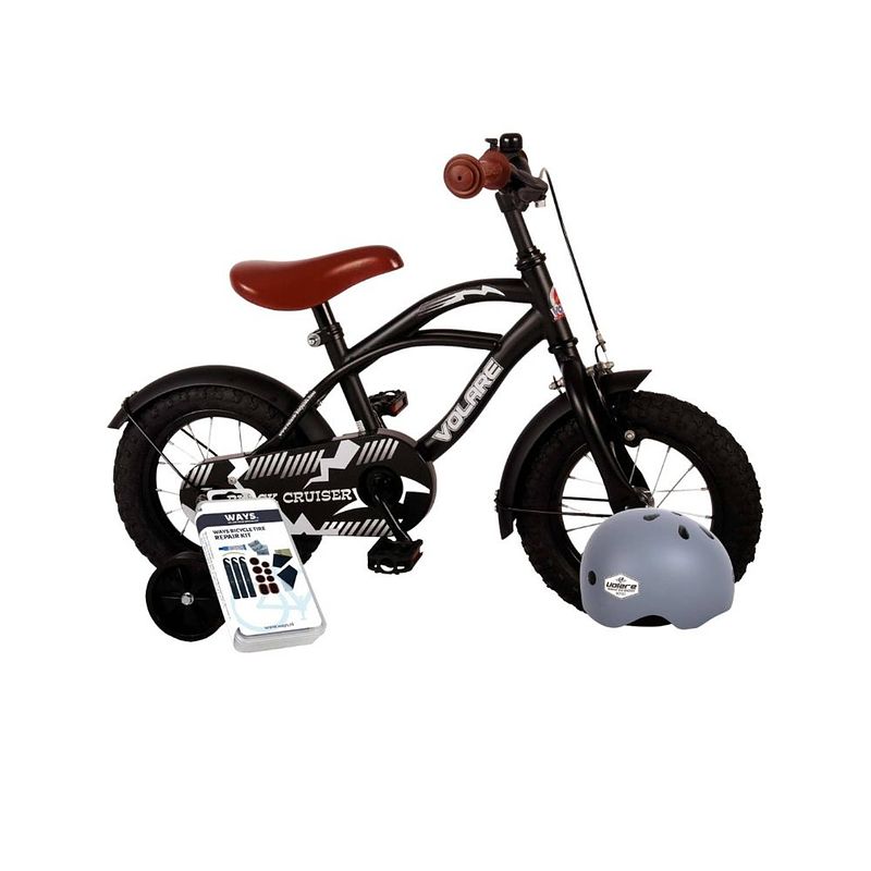 Foto van Volare kinderfiets black cruiser - 12 inch - zwart - inclusief fietshelm + accessoires