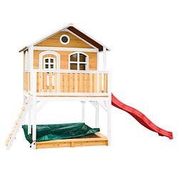 Foto van Axi marc speelhuis op palen, zandbak & rode glijbaan speelhuisje voor de tuin / buiten in bruin & wit van fsc hout