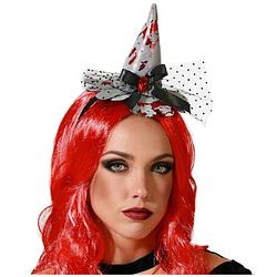 Foto van Halloween heksenhoed - mini hoedje op diadeem - one size - zilver/bloed - meisjes/dames - verkleedhoofddeksels