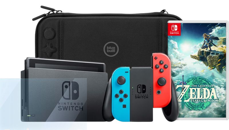 Foto van Nintendo switch rood/blauw + zelda tears of the kingdom + screenprotector + beschermhoes