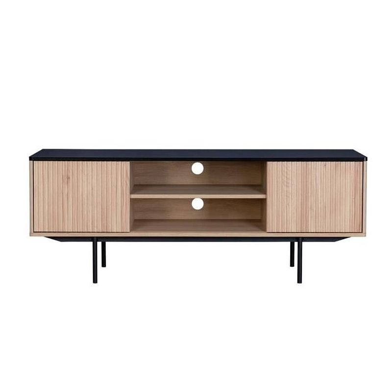 Foto van Tv-meubel met 2 deuren - hout en zwart decor - l 140 x d 39 x h 53 - memphis