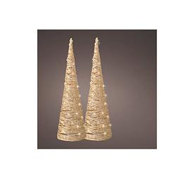 Foto van Lumineo led verlichte kerstboom kegels - 2x - h58 cm - goud - papier - kerstverlichting figuur