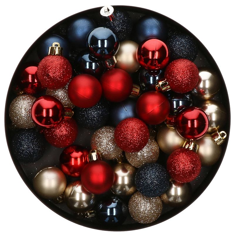 Foto van 48x stuks kunststof kerstballen mix donkerblauw/champagne/rood 4 cm - kerstbal