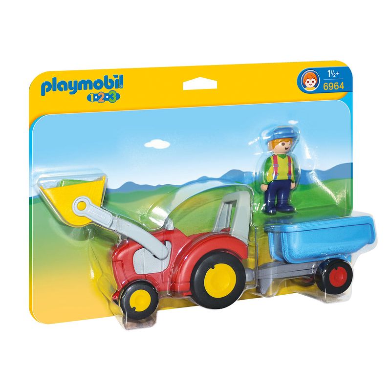 Foto van Playmobil 1.2.3 boer met tractor en aanhangwagen 6964