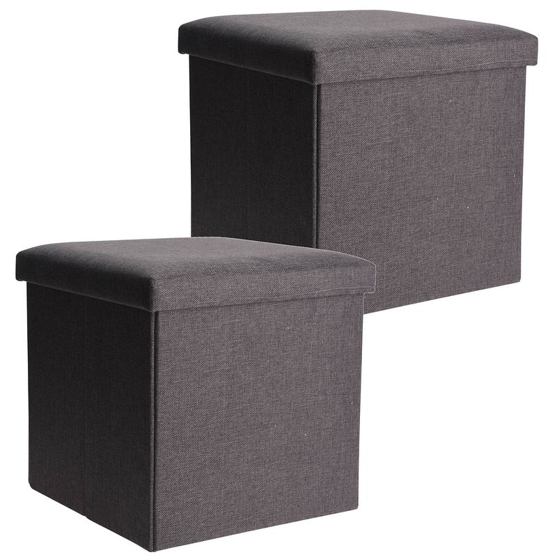 Foto van H&s collection poef/hocker/voetenbankje - 2x - opbergbox - grijs - polyester - 38 x 38 cm - poefs