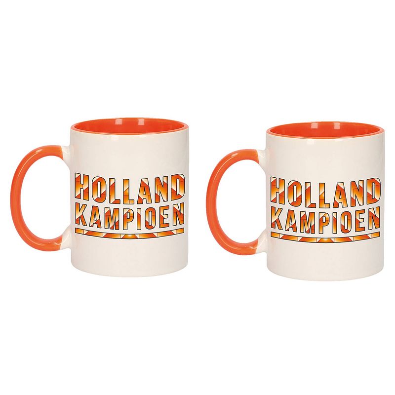 Foto van 2x stuks holland kampioen mok/ beker oranje wit 300 ml - feest mokken