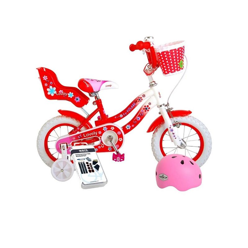 Foto van Volare kinderfiets lovely - 12 inch - rood/wit - met fietshelm en accessoires