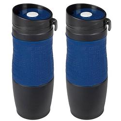 Foto van 2x dubbelwandige thermobekers donkerblauw/zwart 380 ml - thermosbeker