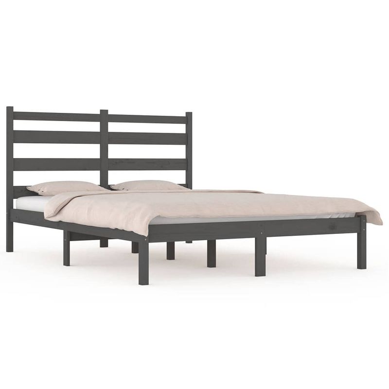 Foto van The living store houten bedframe - grijs - 205.5 x 155.5 x 100 cm - massief grenenhout