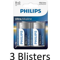 Foto van 6 stuks (3 blisters a 2 st) philips ultra alkaline d cell batterijen