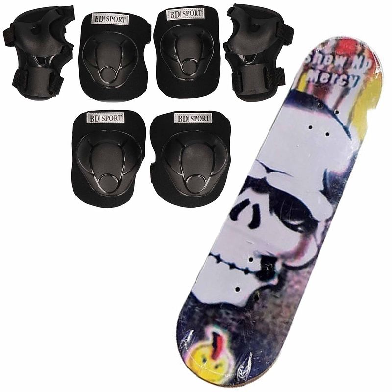 Foto van Set van skateboard 81 cm met doodskop print en valbescherming maat s - 4 tot 5 jaar - lichaamsbeschermers