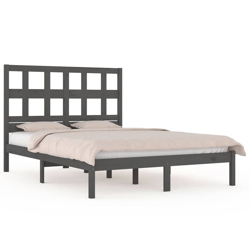 Foto van The living store bedframe grenenhout - grijs - 195.5 x 145.5 x 31 cm - comfortabel hoofdeinde