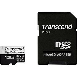 Foto van Transcend premium 330s microsdxc-kaart 128 gb class 10, uhs-i, uhs-class 3, v30 video speed class a2-vermogensstandaard, incl. sd-adapter