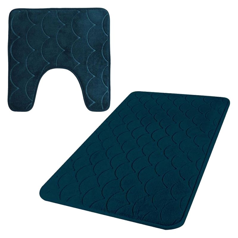 Foto van Urban living badkamer droogloop matjes/tapijt - set 2x stuks - memory foam - donkerblauw - badmatjes