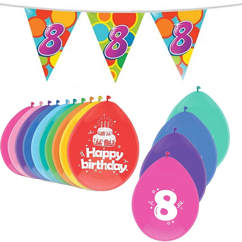 Foto van Leeftijd verjaardag thema 8 jaar pakket ballonnen/vlaggetjes - feestpakketten