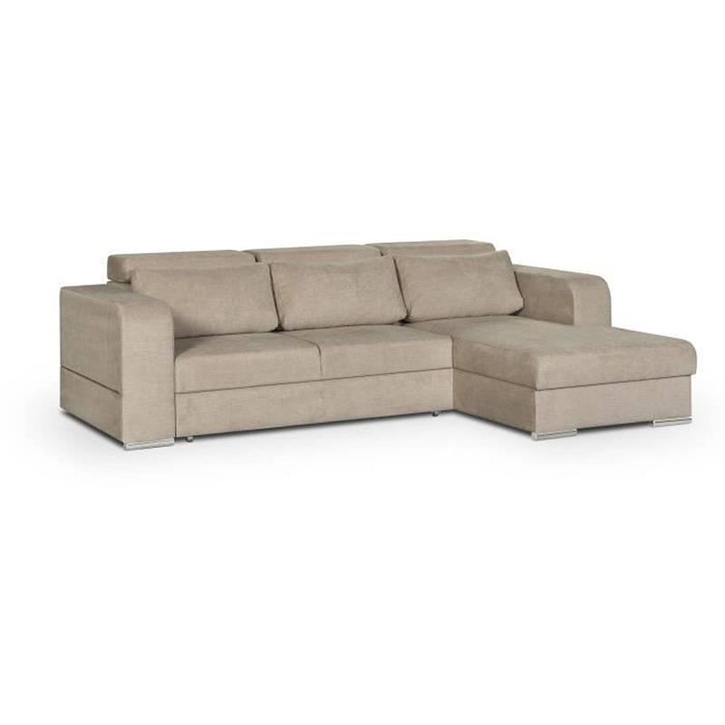 Foto van 4-zits converteerbare hoekbank + koffer + 3 rugkussens - biscuit beige stof - l 262 x d 183 x h 82 cm - sydney