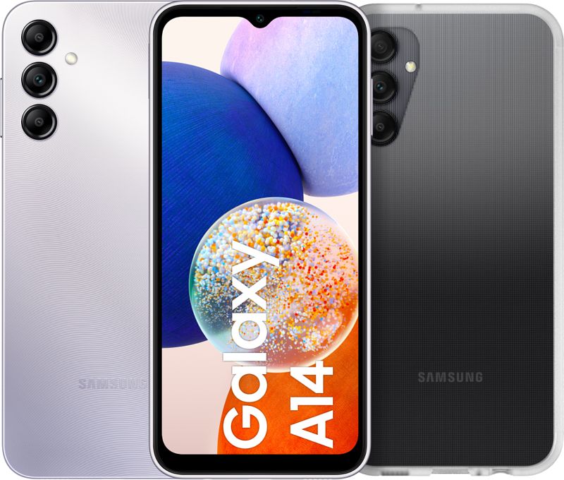 Foto van Samsung galaxy a14 128gb zilver 4g + otterbox react back cover transparant