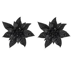 Foto van 2x stuks decoratie bloemen kerstster zwart glitter op clip 15 cm - kersthangers
