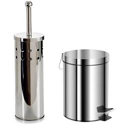 Foto van Toiletborstel houder zilver rvs 38 cm met pedaalemmer 5 liter - badkameraccessoireset