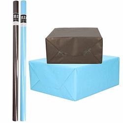 Foto van 6x rollen kraft inpakpapier pakket zwart/blauw voor jongens/heren 200 x 70 cm - cadeaupapier