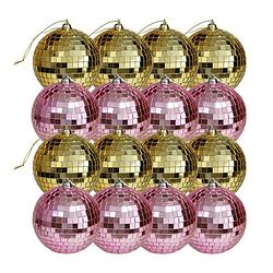 Foto van Kerstballen disco - 16x st - goud en roze - 6 cm - kunststof - kerstbal