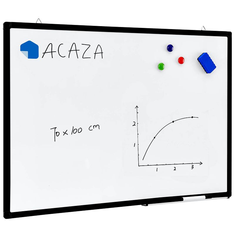 Foto van Acaza magnetisch whiteboard 70x100cm - magneetbord / memobord met uitwisbare stift, wisser en afleggoot, zwarte rand