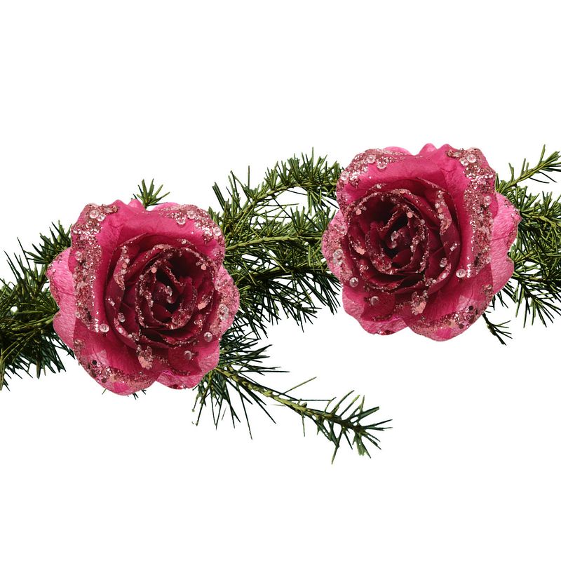 Foto van 2x stuks kerstboom decoratie bloemen framboos roze glitter op clip 14 cm - kunstbloemen