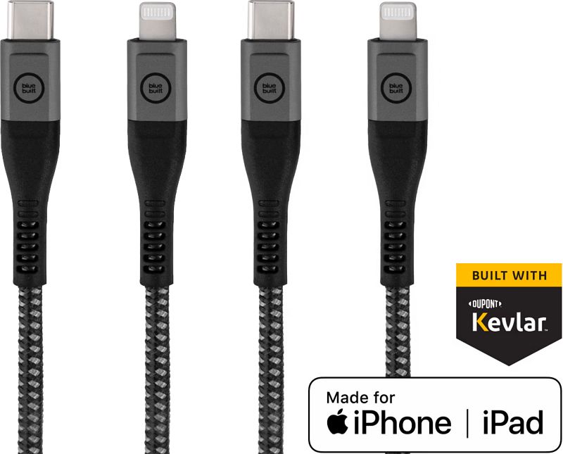 Foto van Bluebuilt usb c naar lightning kabel 3m kevlar® zwart duo pack