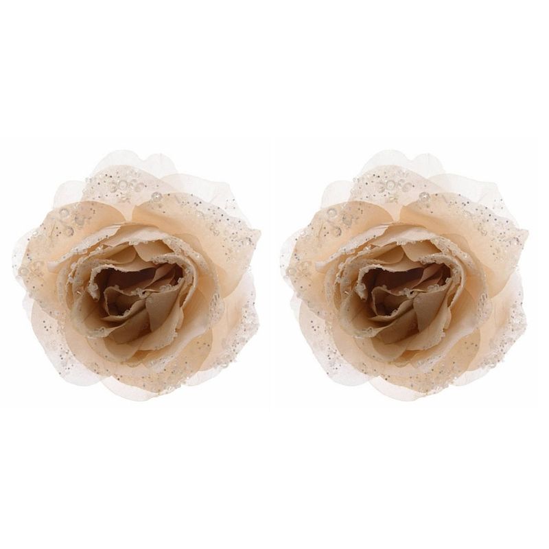 Foto van 6x stuks kerstdecoratie bloemen roos creme op clip 14 cm - kersthangers