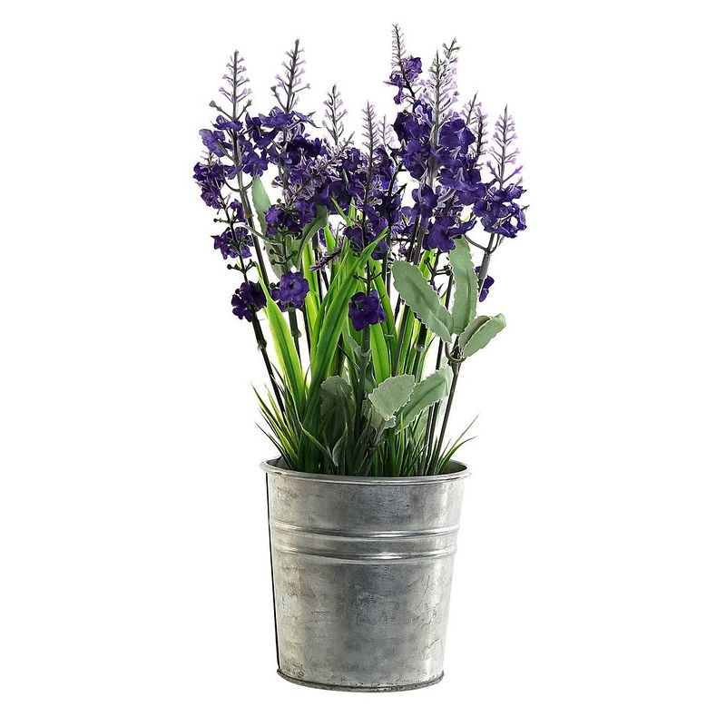 Foto van Lavendel kunstplant/kamerplant paars in grijze sierpot h28 cm x d18 cm - kunstplanten