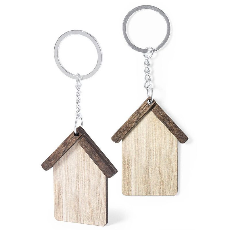 Foto van Set van 4x stuks sleutelhanger met huisje - hout - 5x6 cm - sleutelhangers