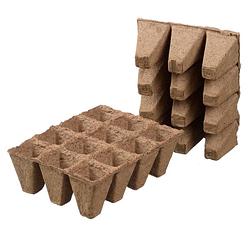 Foto van 12x stuks houtvezel kweekpotjes/stekpotjes trays met 12 vakjes 5 x 4 cm - stekpotjes
