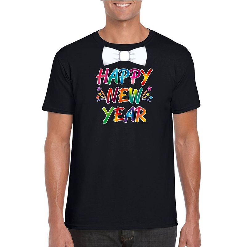 Foto van Gekleurde happy new year met strikje t-shirt zwart voor heren s - feestshirts