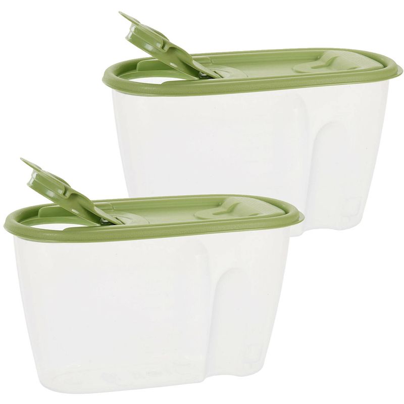 Foto van Voedselcontainer strooibus - 2x - groen - 1 liter - kunststof - 20 x 9,5 x 11 cm - voorraadpot