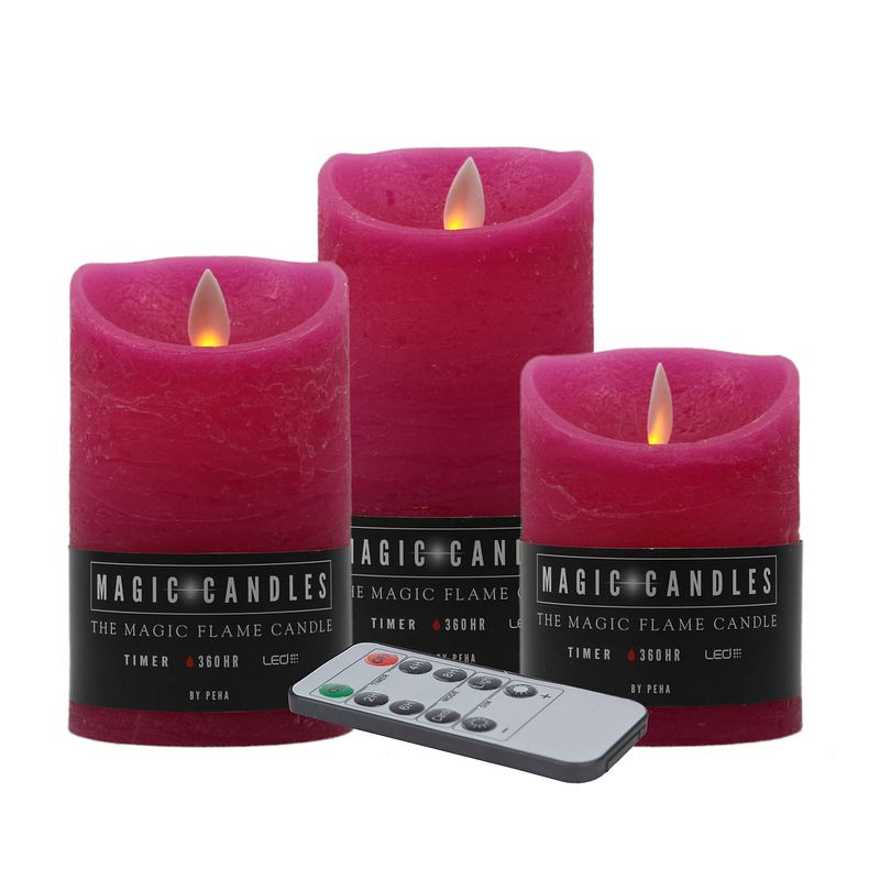 Foto van Magic flame led kaarsenset - 3x kaarsen - fuchsia roze - afstandbediening - led kaarsen