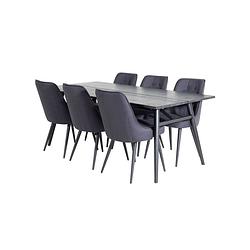 Foto van Sleek eethoek eetkamertafel uitschuifbare tafel lengte cm 195 / 280 zwart en 6 velvet deluxe eetkamerstal zwart.